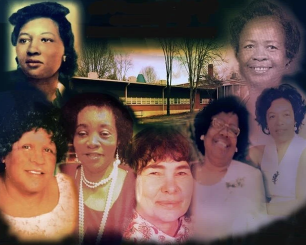 Photo collage of the Seven Mothers with cropped portraits of their smiling faces surrounding a photo of Olive Hill High School.
