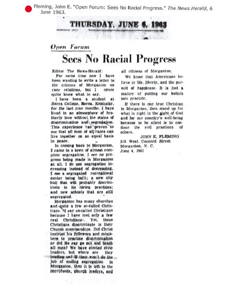 John E. Fleming's letter to the editor discussing segregation and Christian imperative in Morganton.