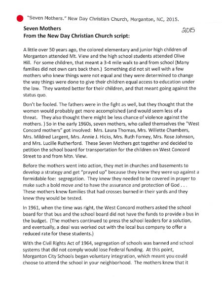 Community archivist and Morganton resident, Garby Harbison planned a Black History month program about the West Concord Mothers. Harbison read this script at the program.
