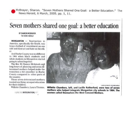 Article highlighting the successful efforts of the West Concord Mothers to integrate Morganton City Schools.