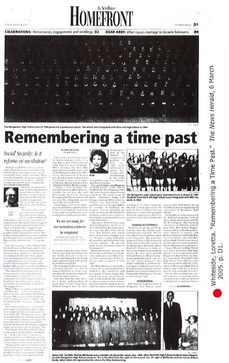 Loretta Whiteside, student during 1960's desegregation, writes about the transition from a segregated school system to an integrated one in Morganton. She describes being "happy, sad, and fearful."